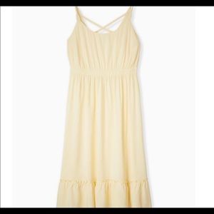 LIGHT YELLOW CHALLIS TIE SHIRRED HEM MIDI DRESS